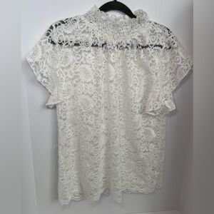 white floral lace blouse featuring flutter sleeves, a mock neck. Large